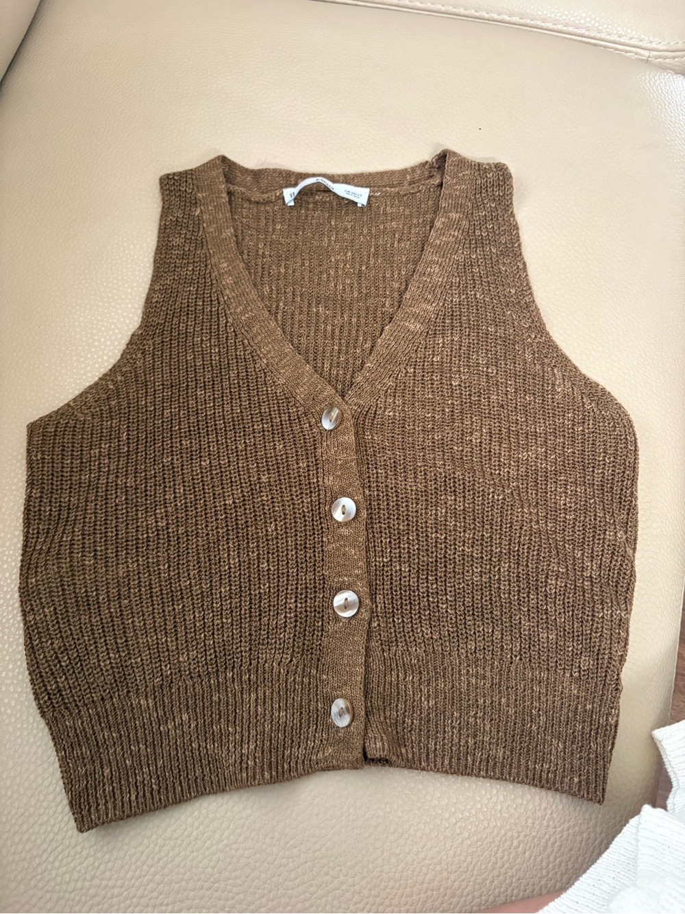 Mango Cropped Brown Knit Button-Front Sweater Vest